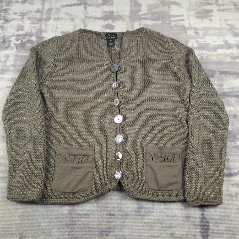 Pure Handknit Cardigan Sweater Womens M/L Olive Chunky Knit Mismatched Button